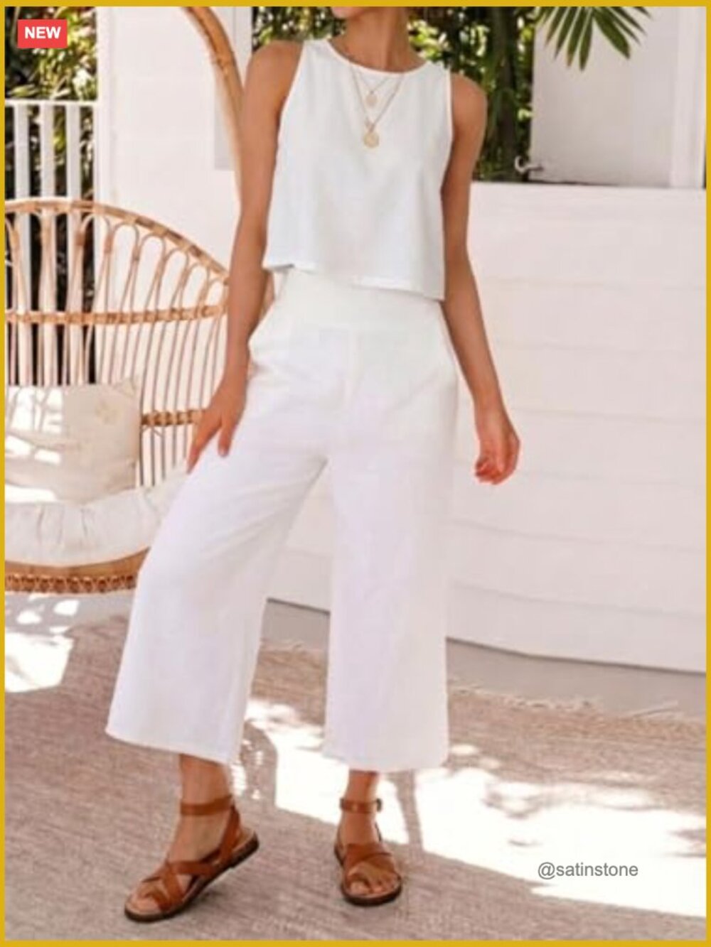 Crewneck Sleeveless Tank Top Cotton Blend Relaxed Fit Cute Spring Summer Beach - Picture 3 of 4